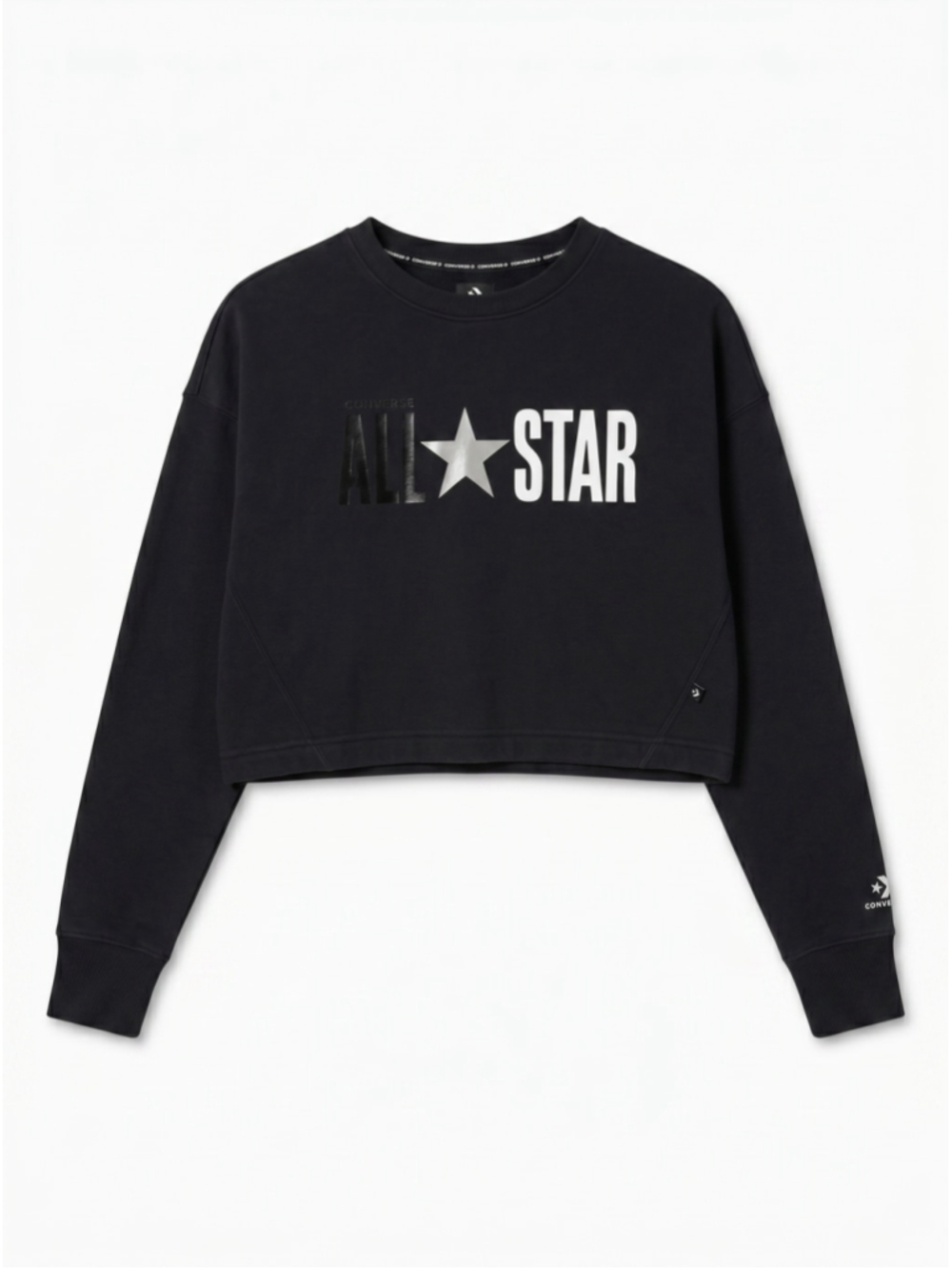 CONVERSE Cropped Loose Fitting Black Crewneck Sweatshirt, Sz XS